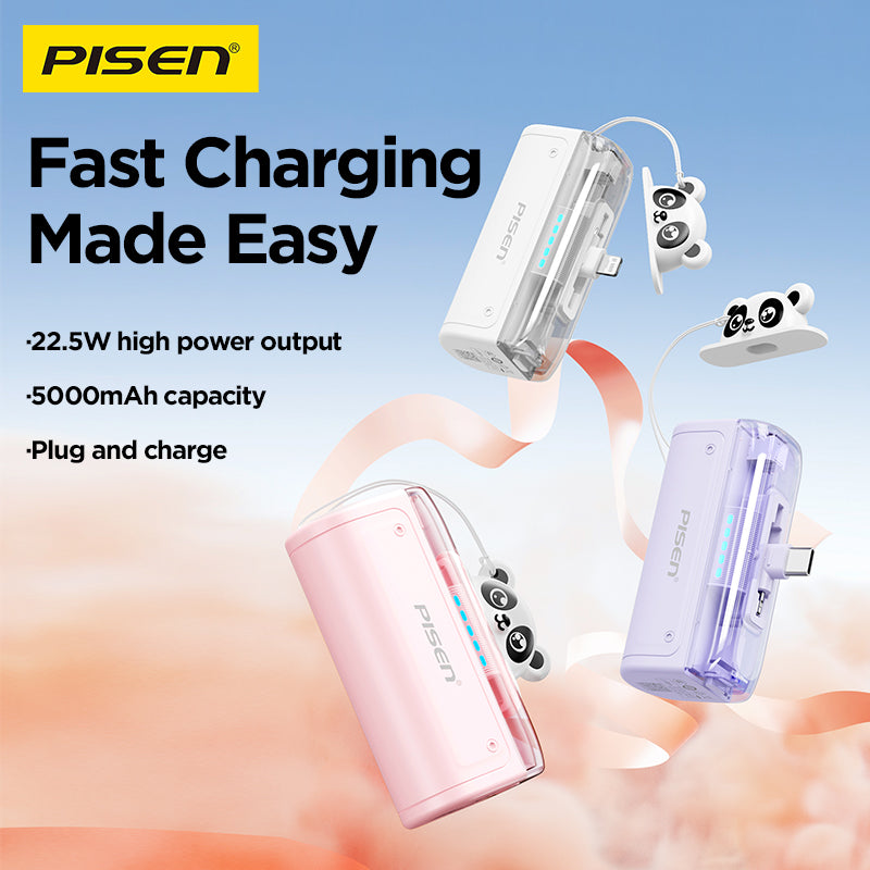 PisenBiz 5000mAh power banks with 22.5W fast charging, USB-C, and panda cable protectors