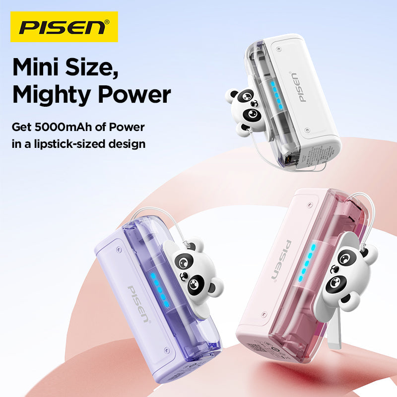 Pisen mini 5000mAh power banks with panda design in pink, purple, and white, B2B accessories