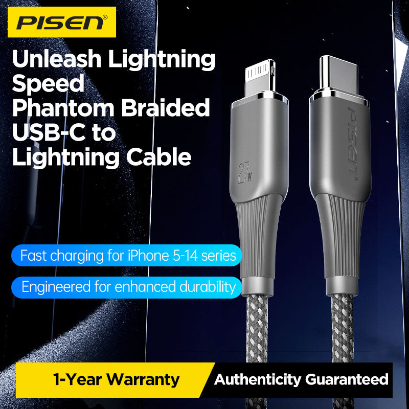 Pisen-NoirSync USB-C TO Lightning 27W Cable(Grey)