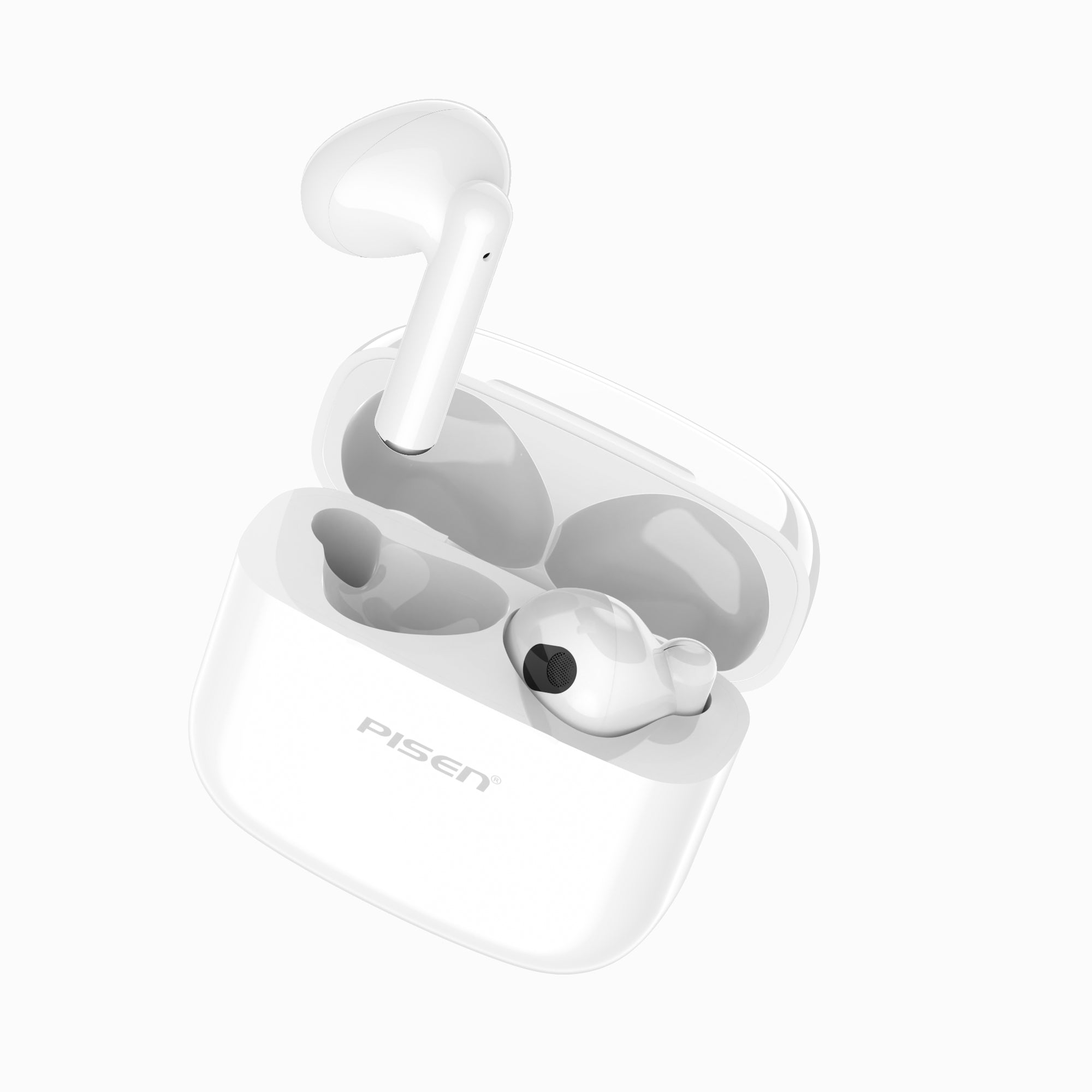 Pisen wireless earbuds in white charging case on white background