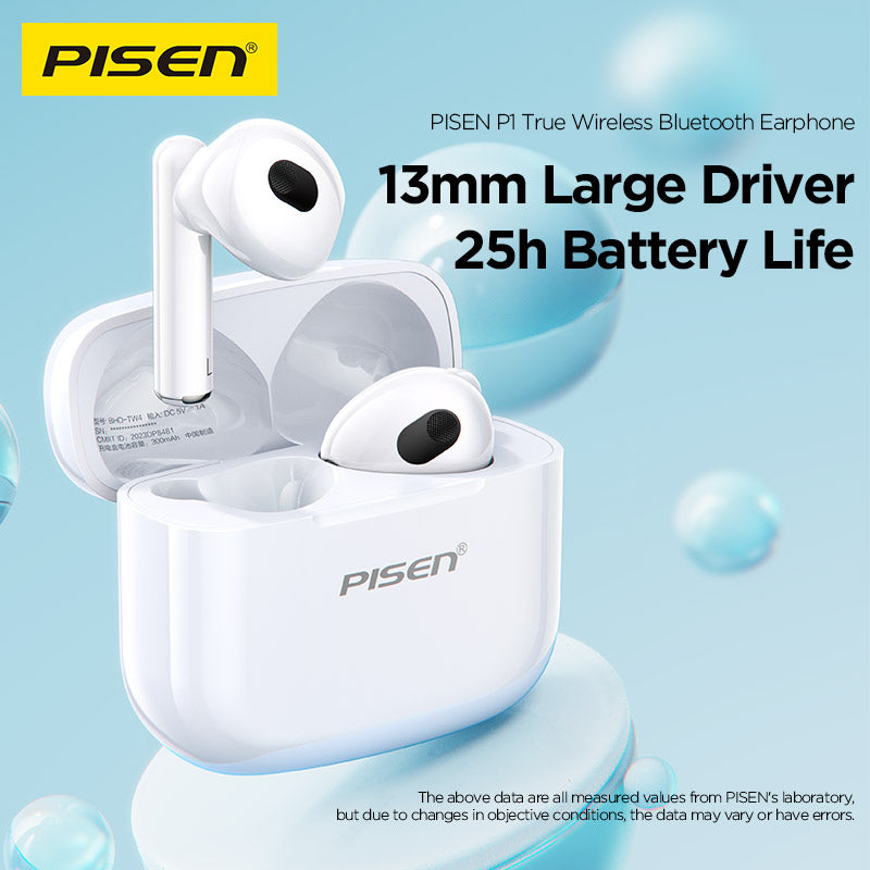 Pisen P1 true wireless Bluetooth earphones in white charging case, 13mm driver, 25h battery life