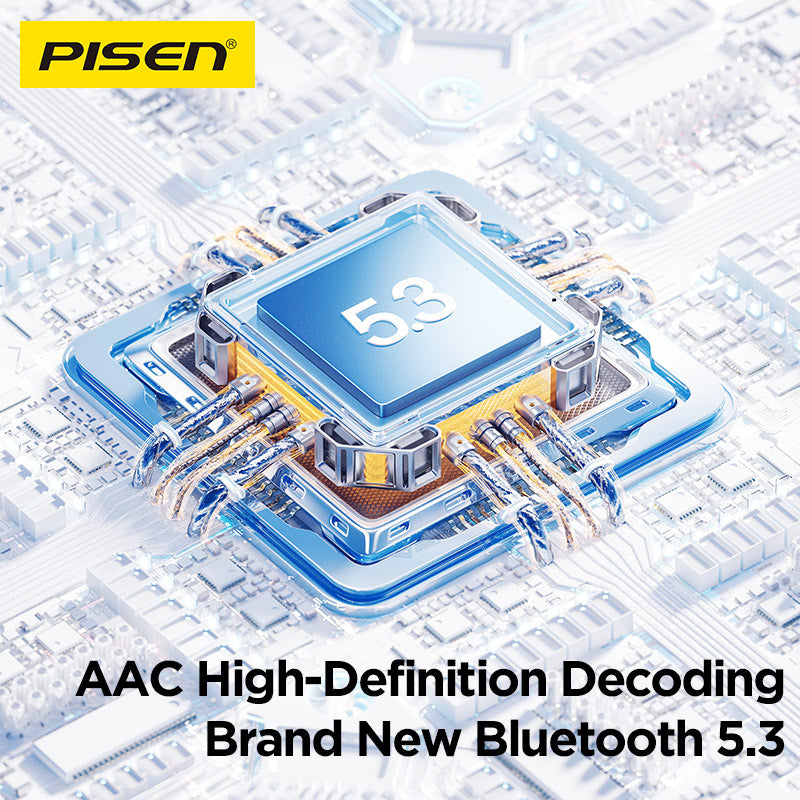 Pisen Bluetooth 5.3 chip illustration on circuit board with AAC high-definition decoding text