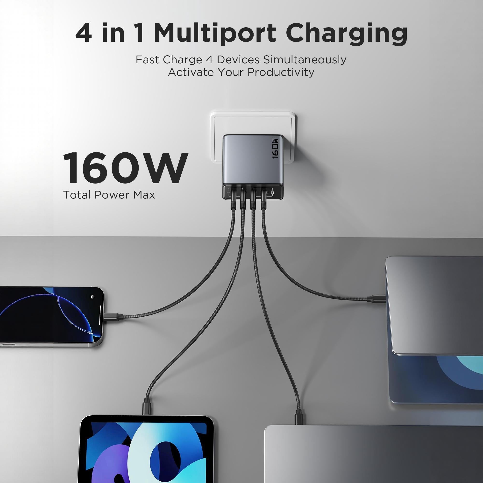PISEN 160W USB C Charger, 4-Port Fasting Charging Block with 6FT 240W C to C Cable, Foldable Plug Phone Charger,compatible for iPhone 17/16 and more serie, Samsung, Pixel, iPad and more TP-C81