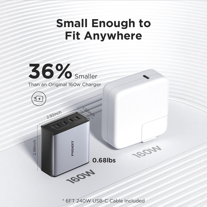 PISEN 160W USB C Charger, 4-Port Fasting Charging Block with 6FT 240W C to C Cable, Foldable Plug Phone Charger,compatible for iPhone 17/16 and more serie, Samsung, Pixel, iPad and more TP-C81