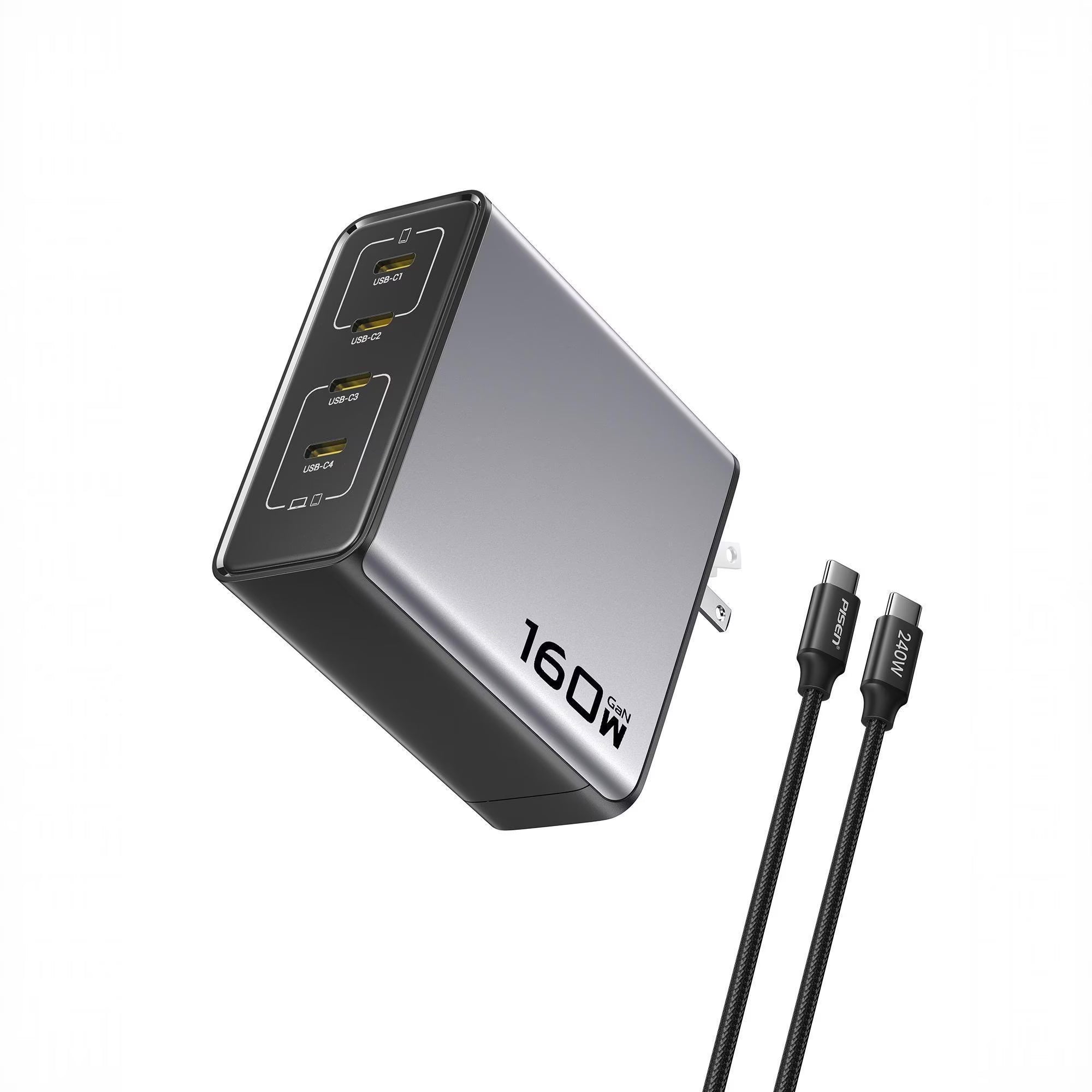 PISEN 160W USB C Charger, 4-Port Fasting Charging Block with 6FT 240W C to C Cable, Foldable Plug Phone Charger,compatible for iPhone 17/16 and more serie, Samsung, Pixel, iPad and more TP-C81