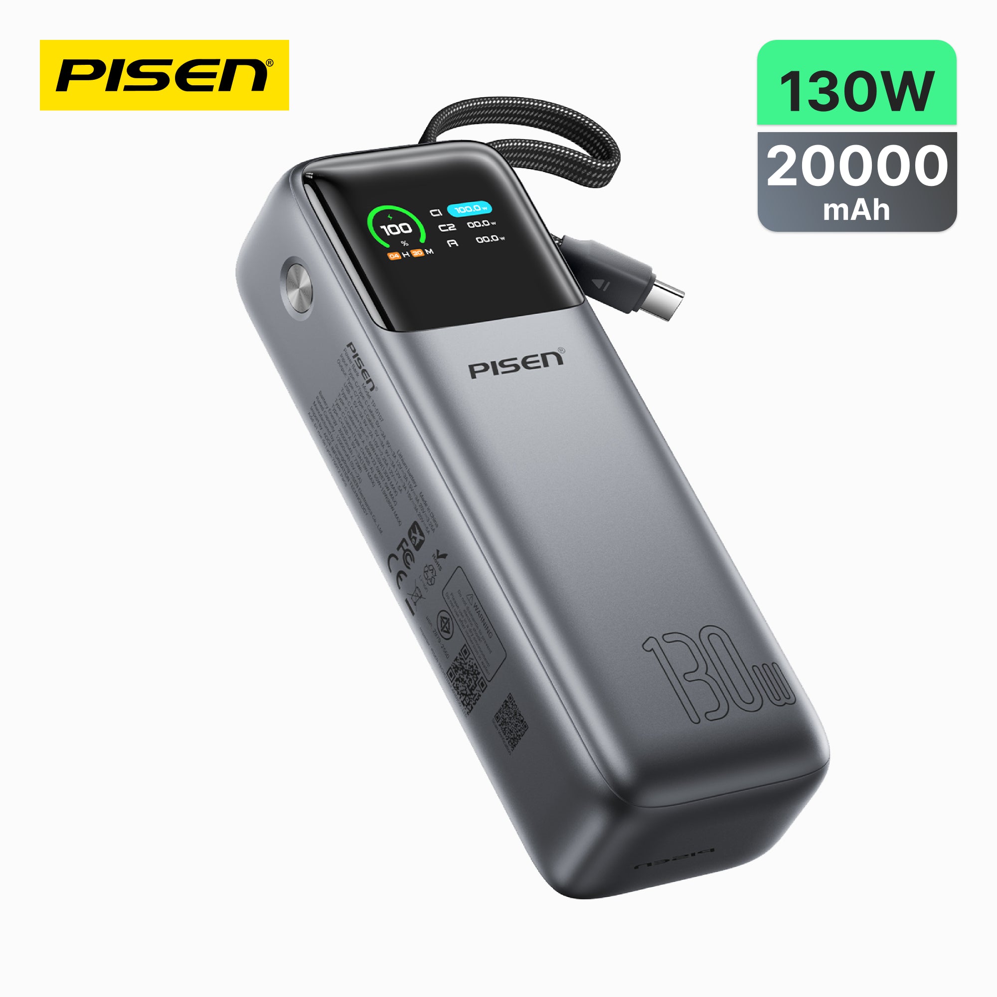 PISEN 3C Certified Power Bank-20000mAh 130W Power Bank,Travel Battery Pack Portable 3C Charger with LED Display, Portable Charger with Built in Cable for iPhone, Samsung and More TP-D107