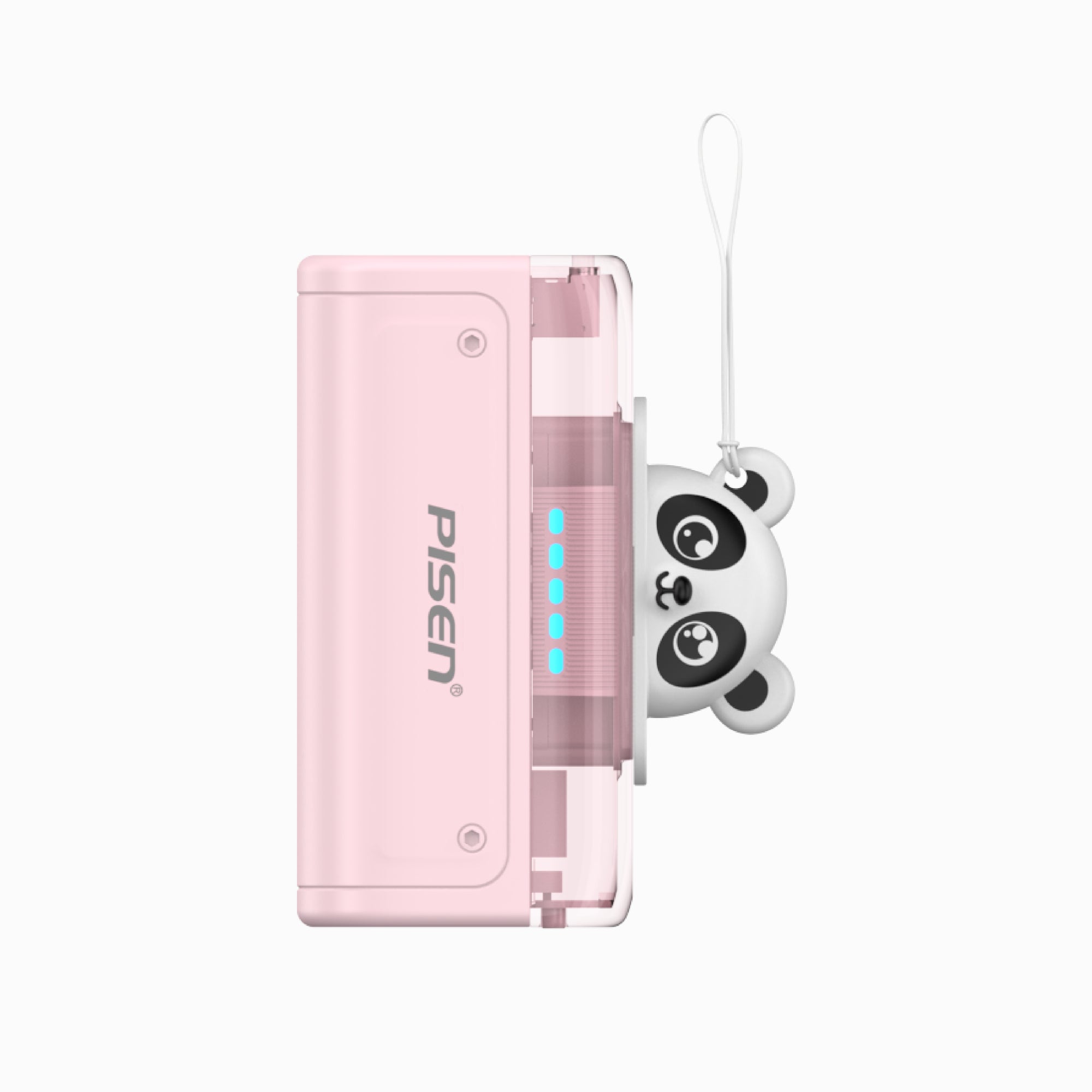 Pink Pisen portable charger with cute panda keychain and blue LED power indicator