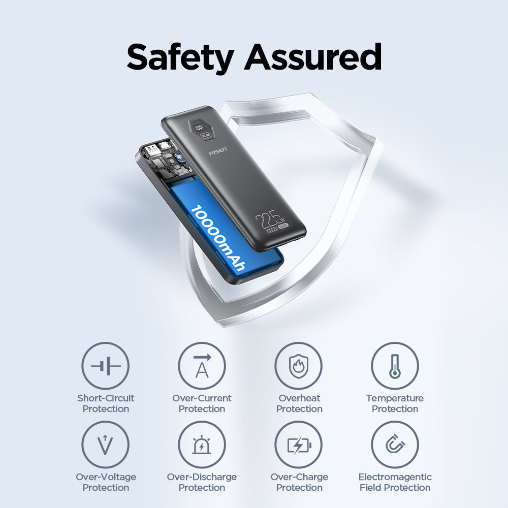 PISEN 10000mAh 3C Power Bank, 22.5W CCC Certified Power Bank, Travel Battery Pack 3C Portable Charger, Supports PD 3.0, QC 3.0, LED Display Travel Portable Charger for iPhone, Samsung and More TP-D183