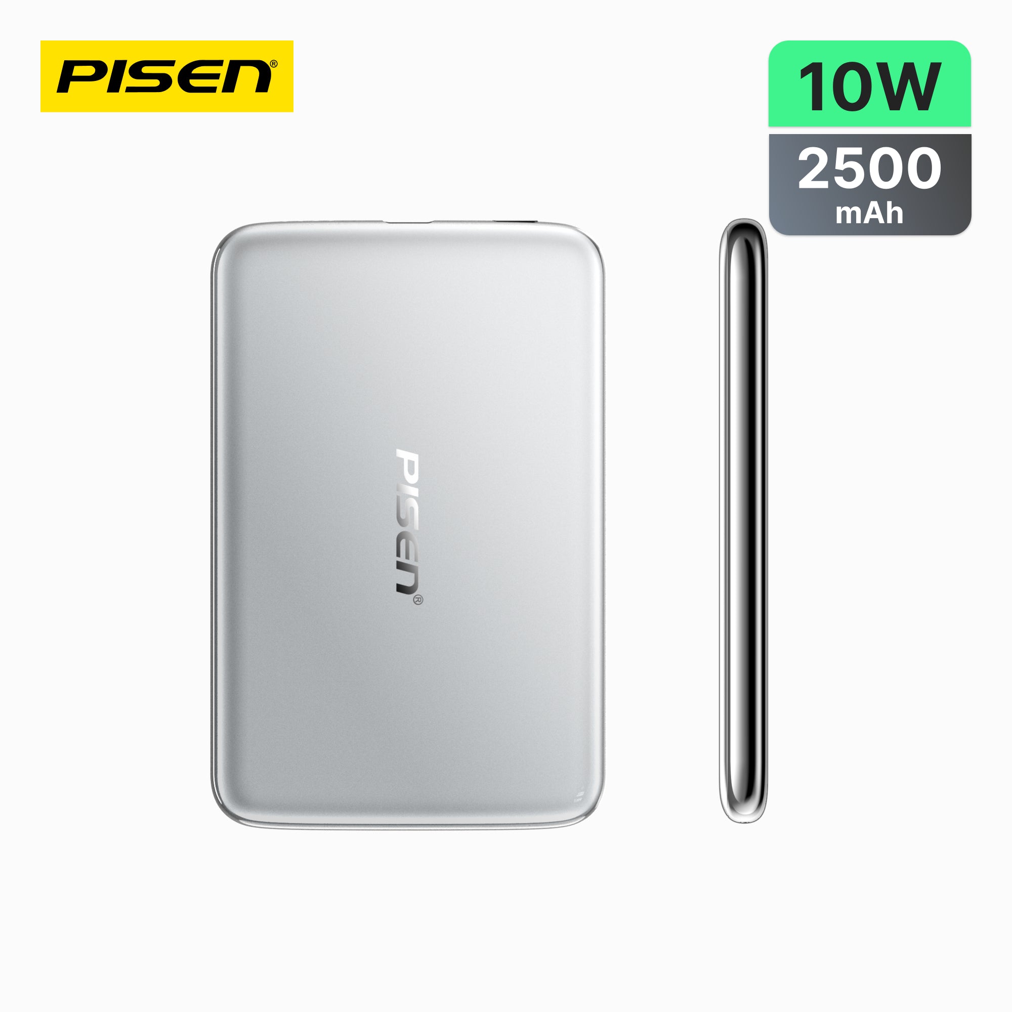 PisenBiz 2500mAh 10W silver power bank, slim design, B2B charging accessory