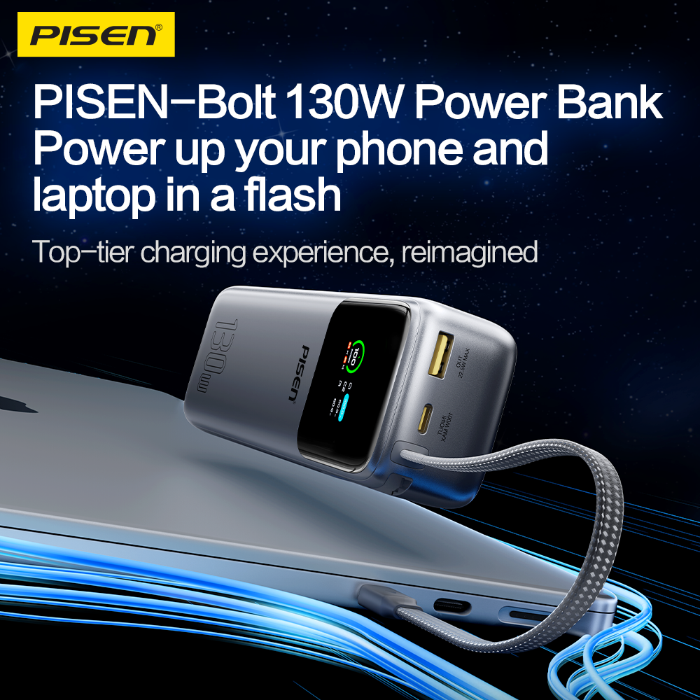 PISEN 3C Certified Power Bank-20000mAh 130W Power Bank,Travel Battery Pack Portable 3C Charger with LED Display, Portable Charger with Built in Cable for iPhone, Samsung and More TP-D107
