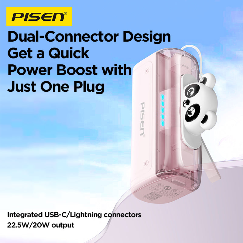 PisenBiz transparent power bank with panda charm, dual USB-C and Lightning connectors, 22.5W/20W output.