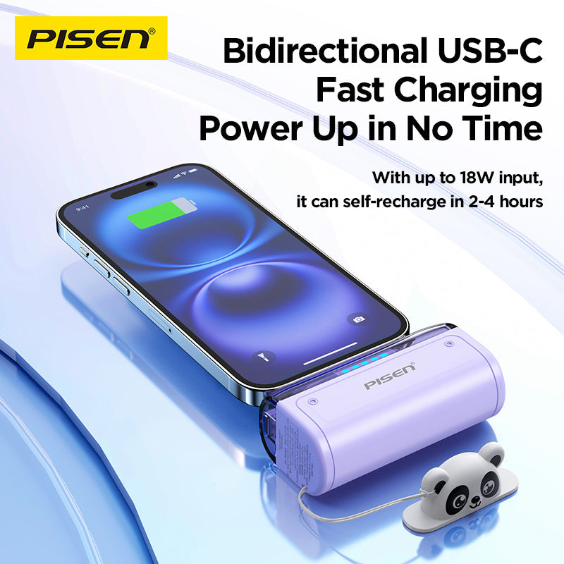 PisenBiz USB-C power bank fast charging iPhone, panda cable holder, product display