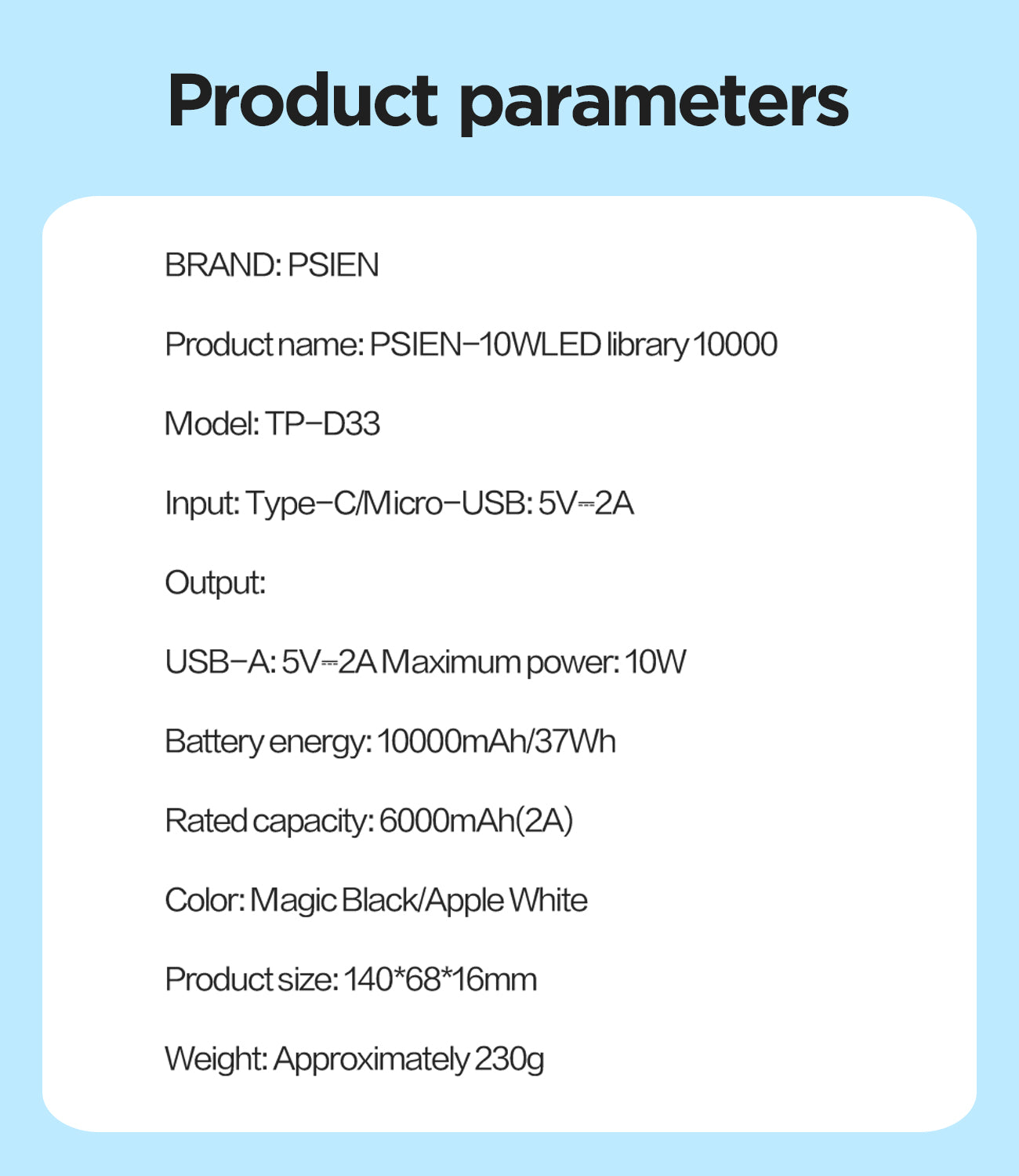 Product parameters