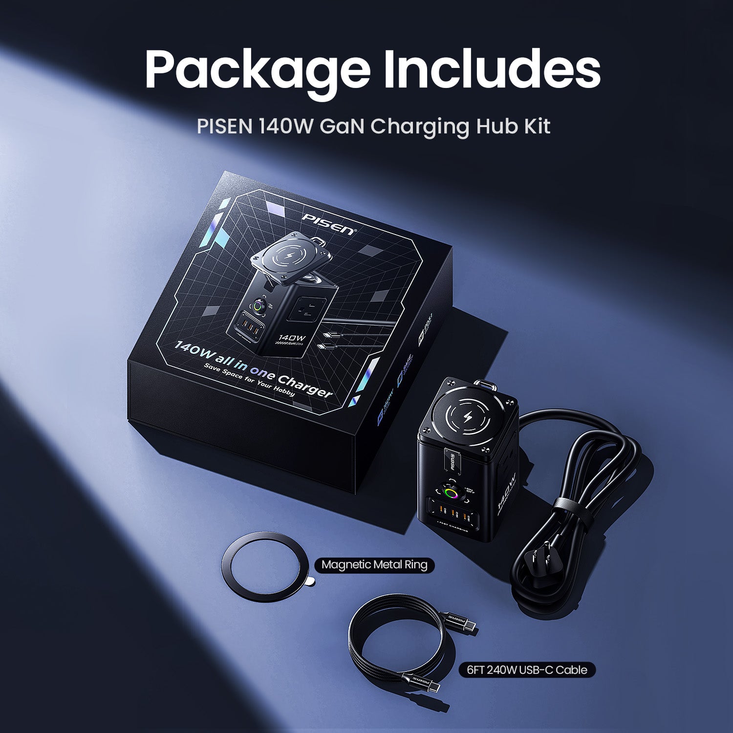 Package includes
PISEN 140W GaN Charging Hub kit