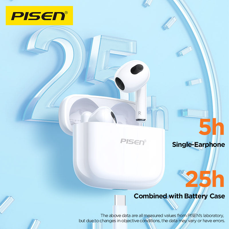 PISEN wireless earbuds with charging case, 5h playtime, 25h with case, on blue background.