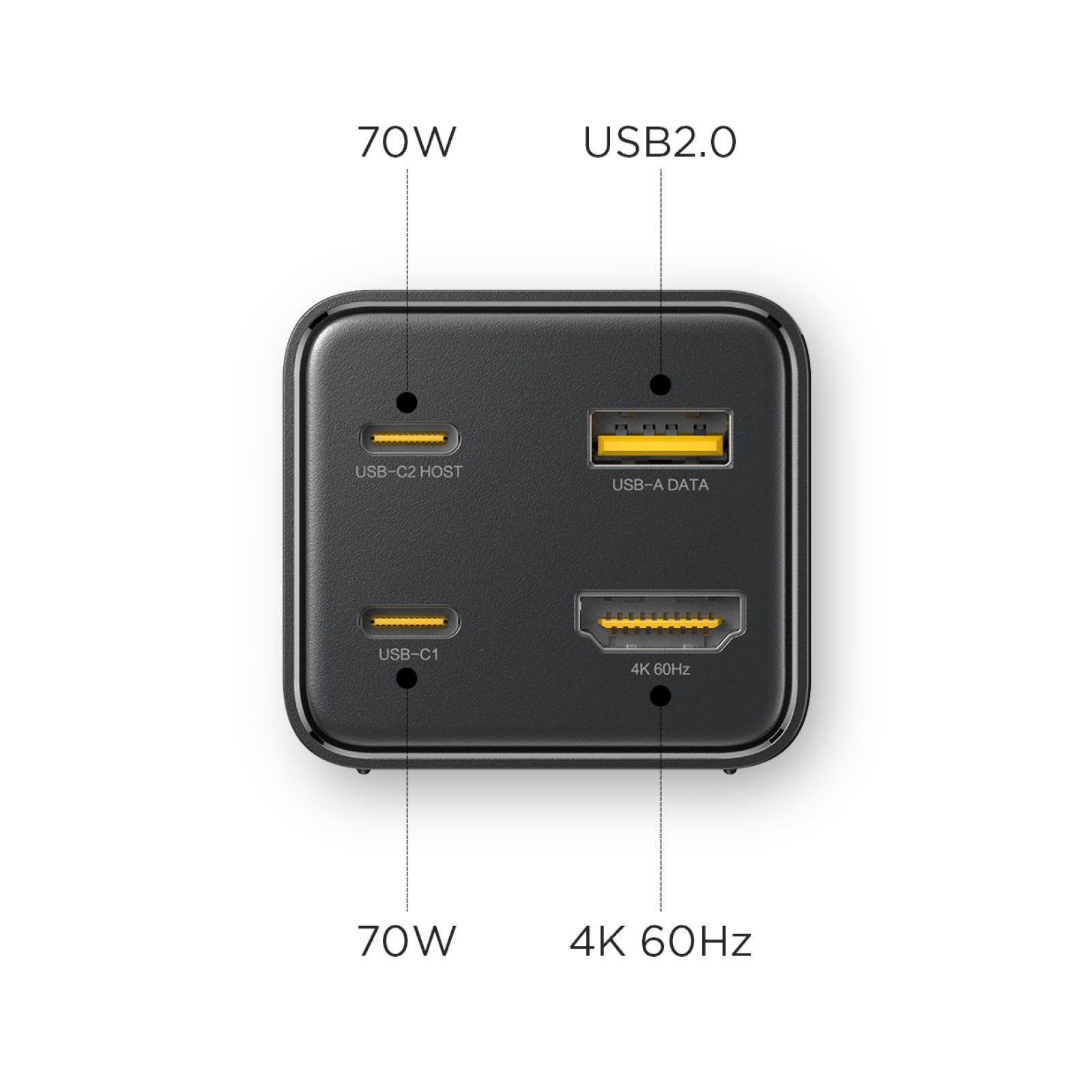 4 Ports  70W
USB-C2 HOST
USB-C1
USB2.0
USB-A DATA
4K 60HZ
70W4K 60Hz