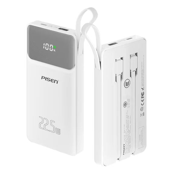 PISEN 3C Certified Power Bank - 10000mAh 22.5W Power Bank with Built in Cable, Travel Battery Pack Portable 3C Charger with LED Display, Portable Charger with Built in Cable for iPhone, Samsung TP-D067
