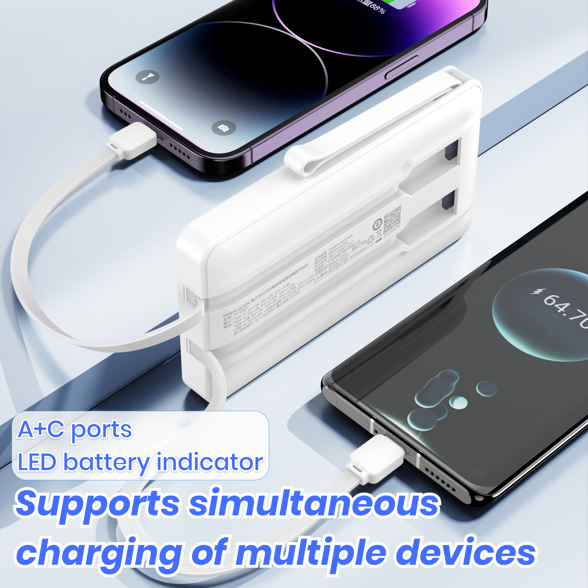 PISEN PowerView 2 in 1 Faster Charging 10000mAh Power Bank (Whiite) TP-D067