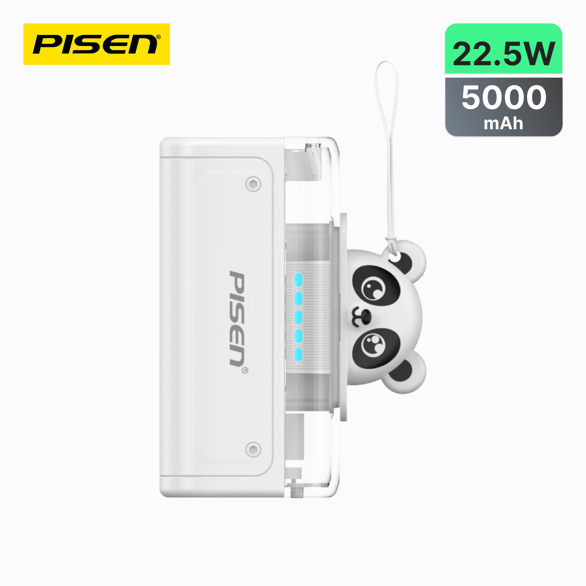Pisen 22.5W 5000mAh portable power bank with cute panda design and battery level indicator