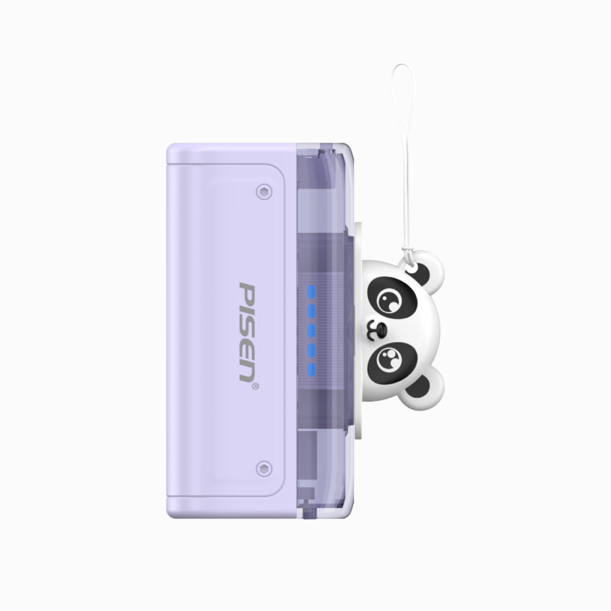 Purple Pisen power bank with transparent section and cute panda head keychain attached