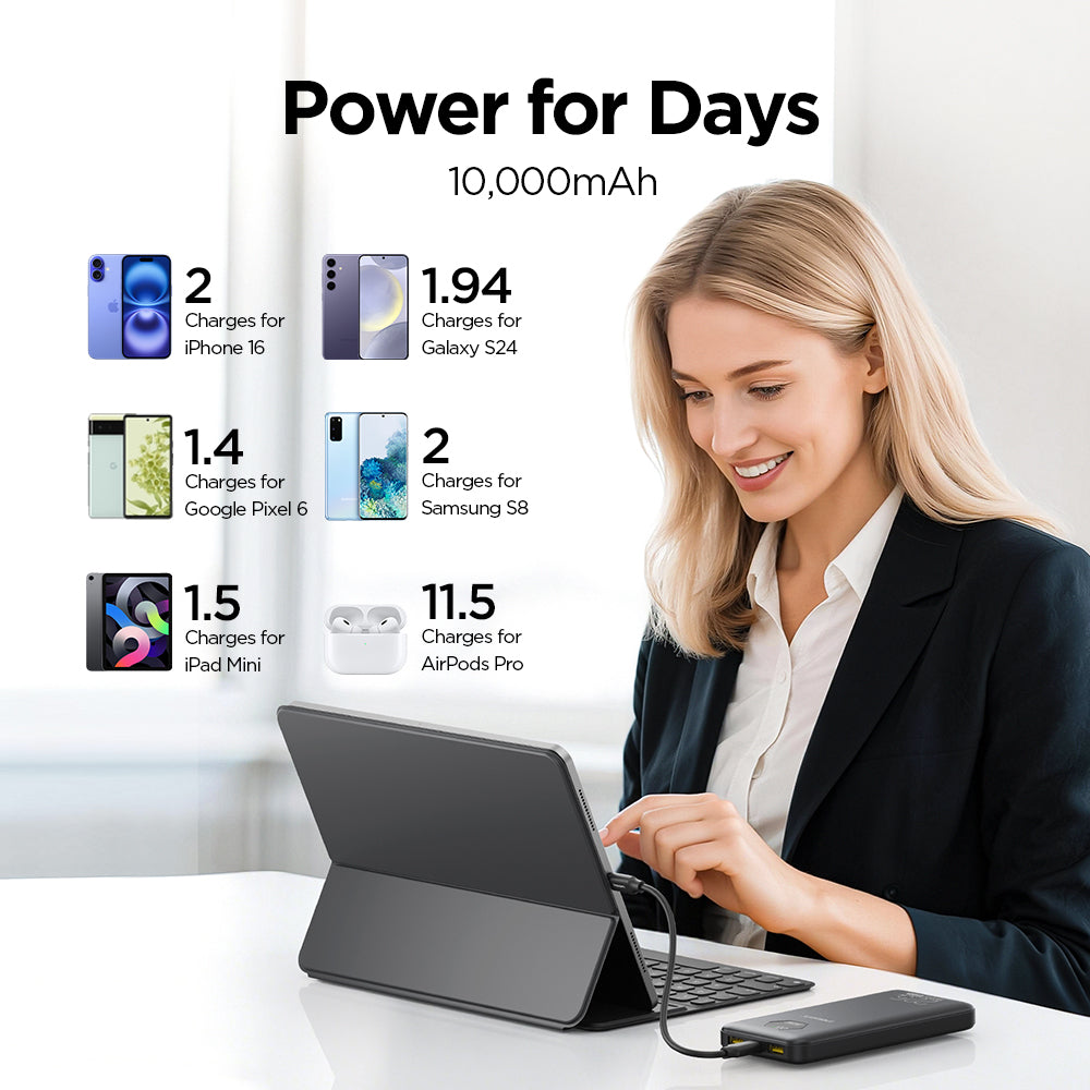 PISEN 10000mAh 3C Power Bank, 22.5W CCC Certified Power Bank, Travel Battery Pack 3C Portable Charger, Supports PD 3.0, QC 3.0, LED Display Travel Portable Charger for iPhone, Samsung and More TP-D183