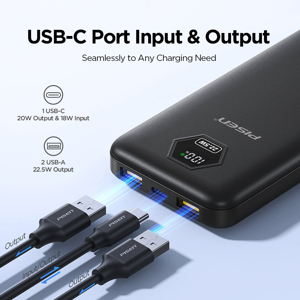 PISEN 10000mAh 3C Power Bank, 22.5W CCC Certified Power Bank, Travel Battery Pack 3C Portable Charger, Supports PD 3.0, QC 3.0, LED Display Travel Portable Charger for iPhone, Samsung and More TP-D183