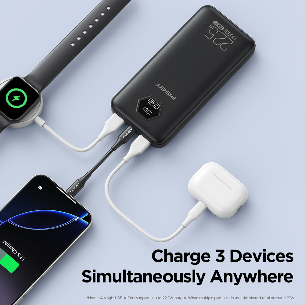 PISEN 10000mAh 3C Power Bank, 22.5W CCC Certified Power Bank, Travel Battery Pack 3C Portable Charger, Supports PD 3.0, QC 3.0, LED Display Travel Portable Charger for iPhone, Samsung and More TP-D183