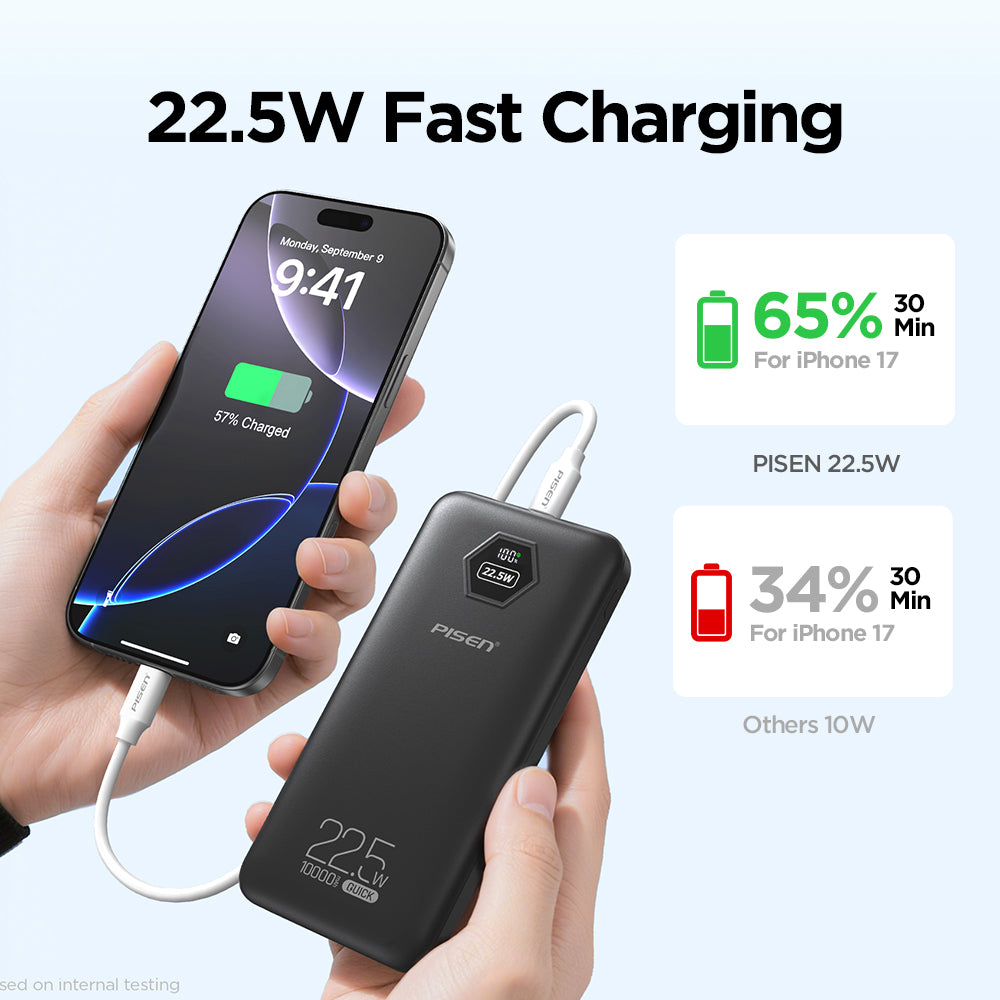 PISEN 10000mAh 3C Power Bank, 22.5W CCC Certified Power Bank, Travel Battery Pack 3C Portable Charger, Supports PD 3.0, QC 3.0, LED Display Travel Portable Charger for iPhone, Samsung and More TP-D183