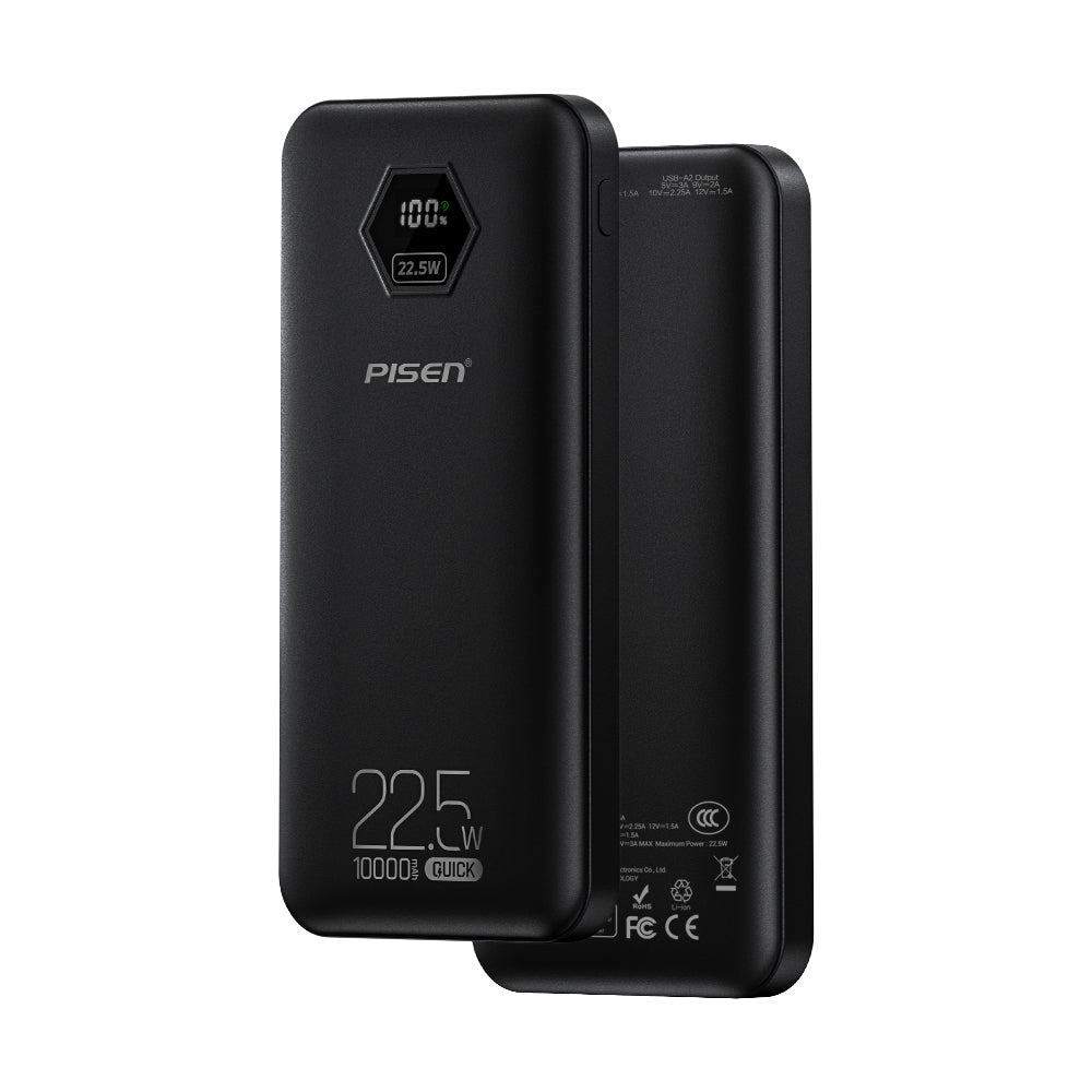 PISEN 10000mAh 3C Power Bank, 22.5W CCC Certified Power Bank, Travel Battery Pack 3C Portable Charger, Supports PD 3.0, QC 3.0, LED Display Travel Portable Charger for iPhone, Samsung and More TP-D183