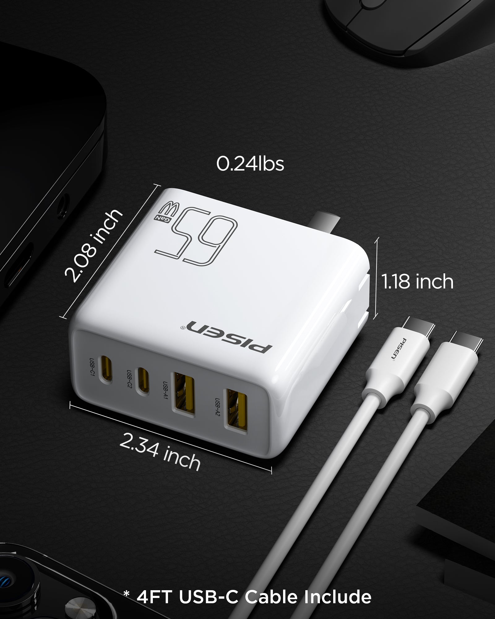 PISEN 65W USB C Charger 4FT USB-C Cable Include