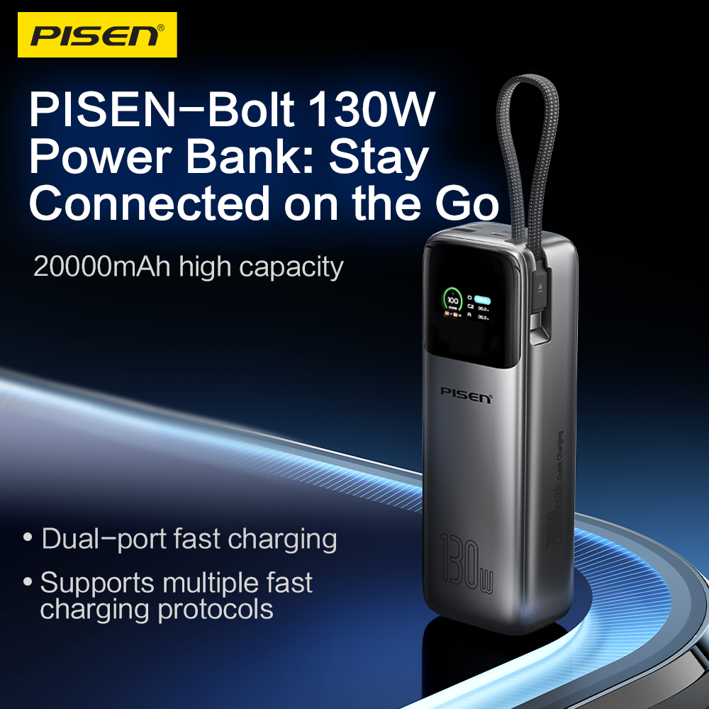 PISEN 3C Certified Power Bank-20000mAh 130W Power Bank,Travel Battery Pack Portable 3C Charger with LED Display, Portable Charger with Built in Cable for iPhone, Samsung and More TP-D107