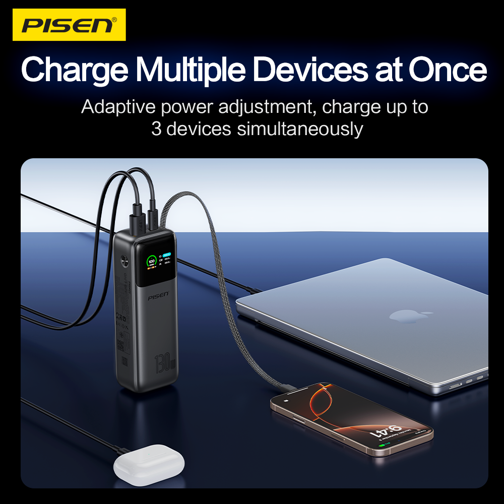 PISEN 3C Certified Power Bank-20000mAh 130W Power Bank,Travel Battery Pack Portable 3C Charger with LED Display, Portable Charger with Built in Cable for iPhone, Samsung and More TP-D107